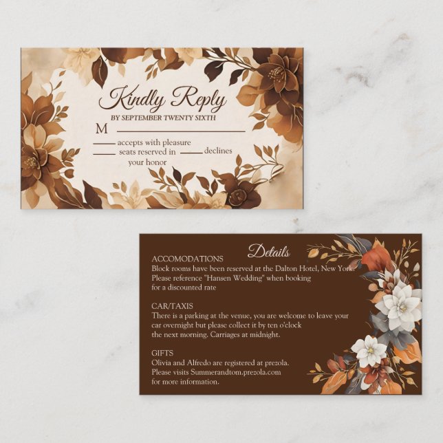 Carte D'accompagnement Café & Crème Automne Floral Thème Mariage RSVP (Devant / Derrière)