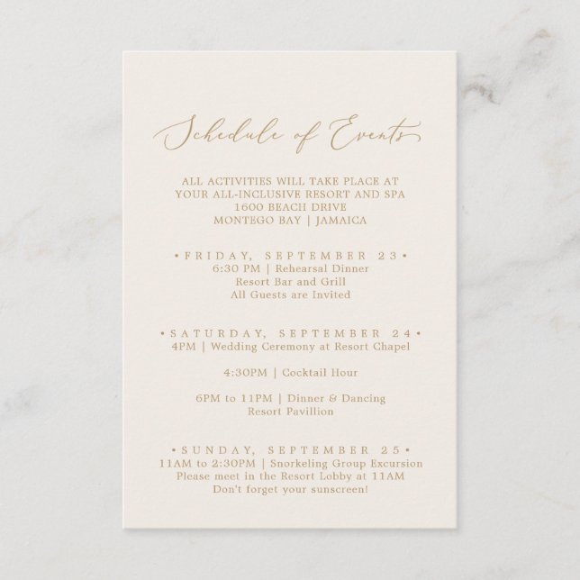 Carte D'accompagnement Calendrier de mariage délicat or et crème (Devant)