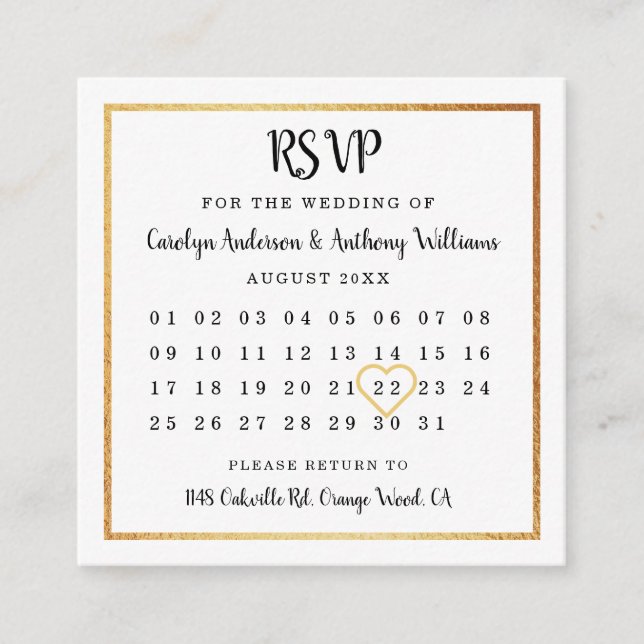 Carte D'accompagnement Calendrier Gold Foil moderne RSVP (Devant)
