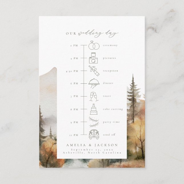 Carte D'accompagnement Calendrier Mariage Forest Mountain Ordre des événe (Devant)