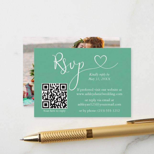 Carte D'accompagnement Calligraphie Coeur Mariage Neo Mint Green QR RSVP (Devant/Arrière en situation)