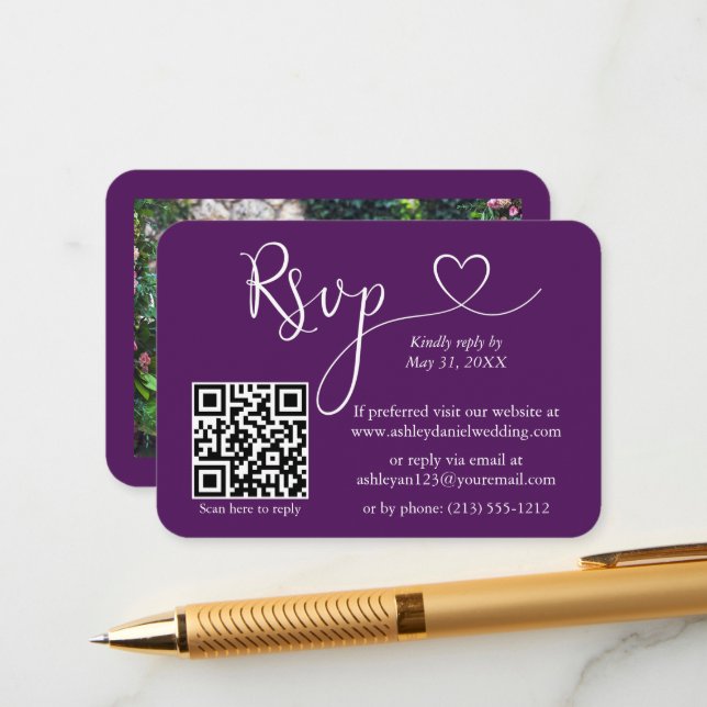 Carte D'accompagnement Calligraphie Coeur Mariage photo violet RSVP QR (Devant/Arrière en situation)