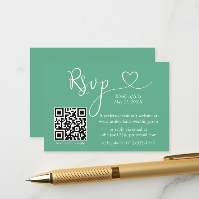 Carte D'accompagnement Calligraphie Coeur Mariage QR RSVP Neo Mint Green (Devant/Arrière en situation)