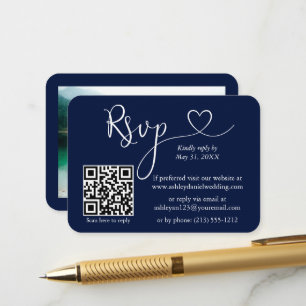 Carte D'accompagnement Calligraphie Coeur Photo Mariage Bleu RSVP QR