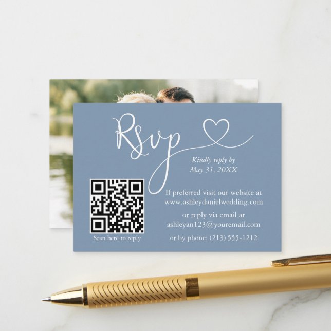 Carte D'accompagnement Calligraphie Coeur Photo Mariage Dusty Blue QR RSV (Devant/Arrière en situation)