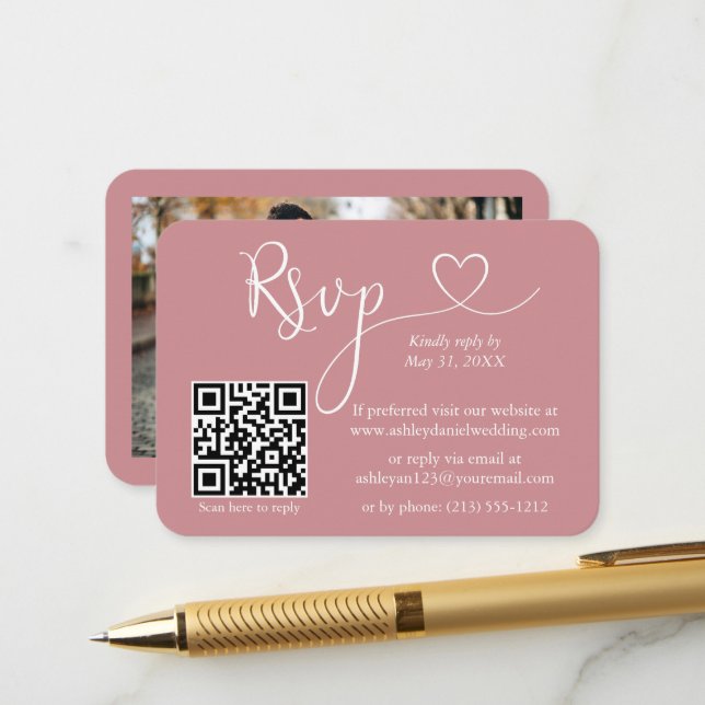 Carte D'accompagnement Calligraphie Coeur Photo Mariage Dusty Rose RSVP Q (Devant/Arrière en situation)