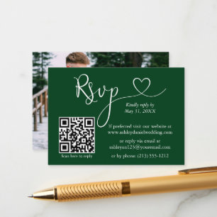 Carte D'accompagnement Calligraphie Coeur Photo Mariage Green QR RSVP