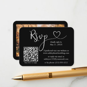 Carte D'accompagnement Calligraphie Coeur Photo Mariage noir RSVP QR