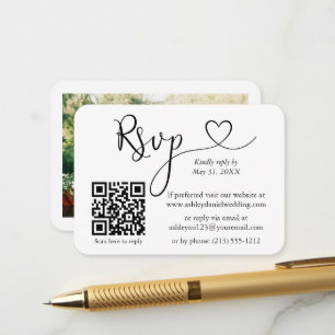 Carte D'accompagnement Calligraphie Coeur photo mariage RSVP QR Blanc