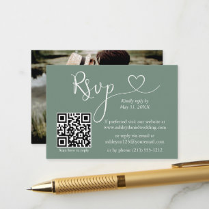 Carte D'accompagnement Calligraphie Coeur Photo Mariage Sage Green QR RSV