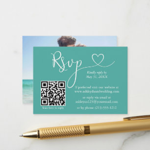 Carte D'accompagnement Calligraphie Coeur Photo Mariage Turquoise QR RSVP