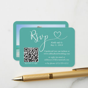 Carte D'accompagnement Calligraphie Coeur Photo Mariage Turquoise RSVP QR