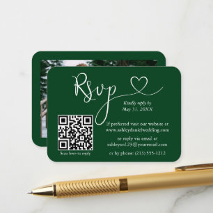 Carte D'accompagnement Calligraphie Coeur Photo Mariage Vert RSVP QR