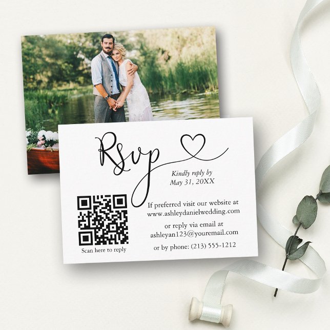 Carte D'accompagnement Calligraphie Coeur Photo QR Wedding RSVP (Customize to change your personalized text size or text style.)