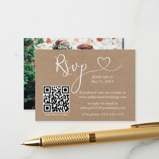 Carte D'accompagnement Calligraphie Coeur QR Photo Kraft Wedding RSVP (Devant/Arrière en situation)
