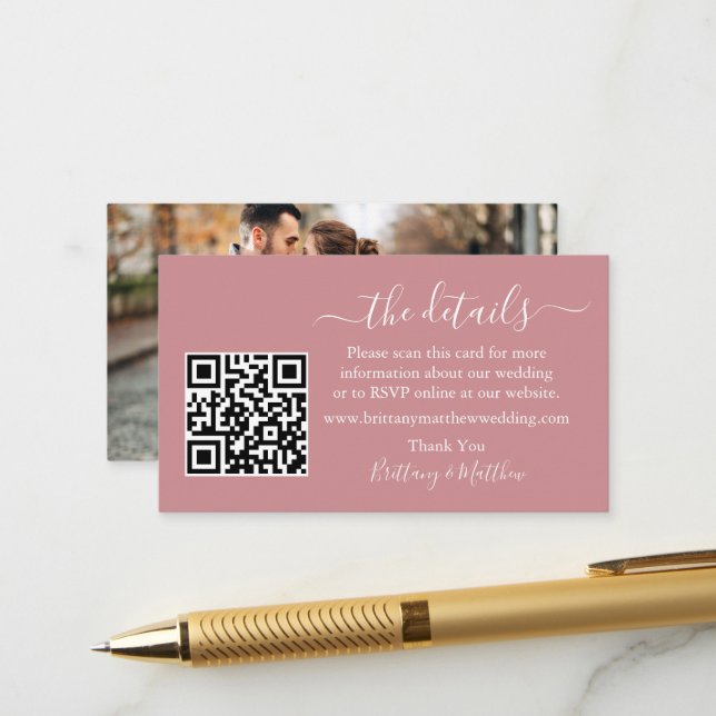 Carte D'accompagnement Calligraphie Détails du Mariage QR Photo Dusty Ros (Devant/Arrière en situation)