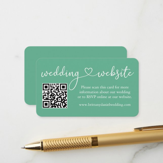 Carte D'accompagnement Calligraphie Heart Mariage Website QR Mint Green (Devant/Arrière en situation)
