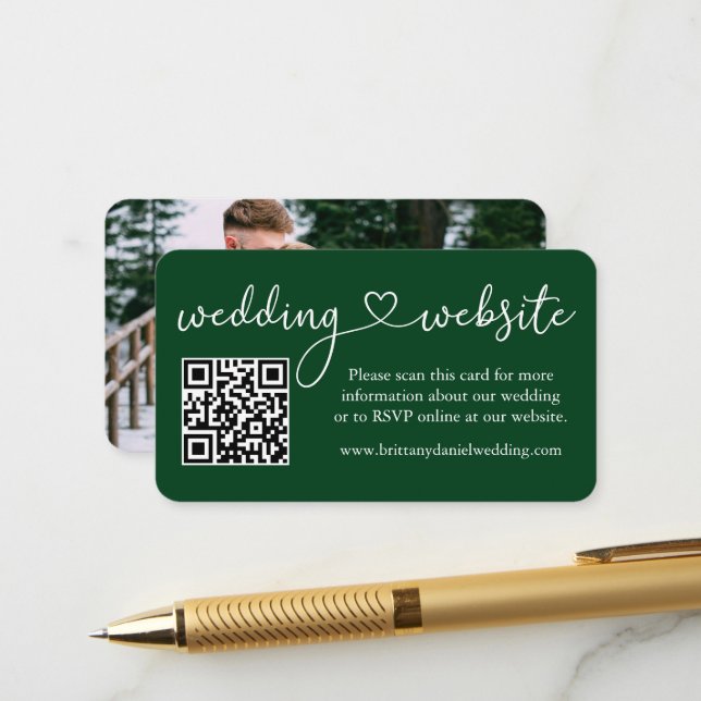 Carte D'accompagnement Calligraphie Heart Mariage Website QR Photo Green (Devant/Arrière en situation)