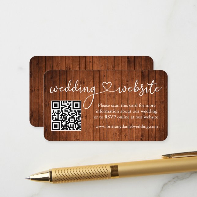Carte D'accompagnement Calligraphie Heart Wood Site Mariage QR (Devant/Arrière en situation)