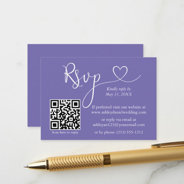 Carte D'accompagnement Calligraphie Mariage cardiaque QR RSVP Periwinkle (Devant/Arrière en situation)