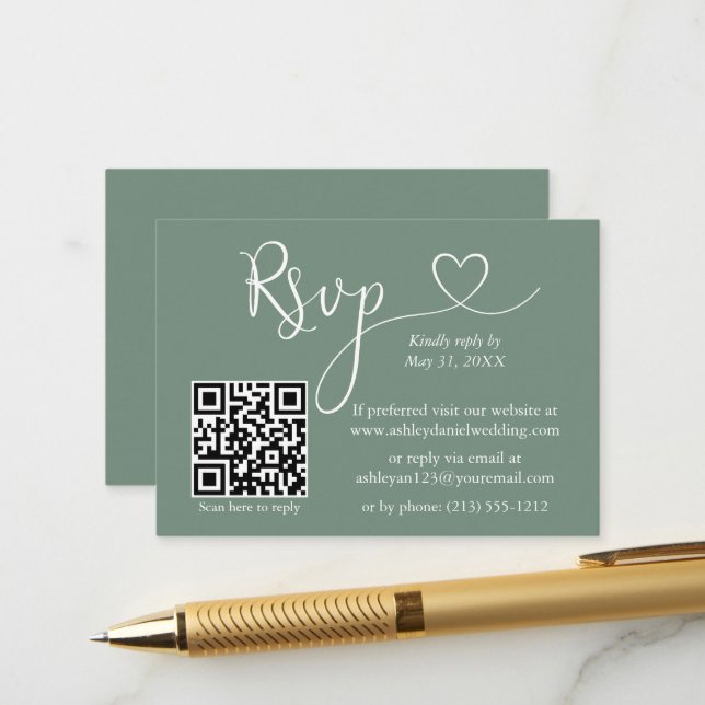Carte D'accompagnement Calligraphie Mariage cardiaque QR RSVP Sage Green (Devant/Arrière en situation)