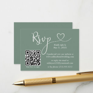 Carte D'accompagnement Calligraphie Mariage cardiaque QR RSVP Sage Green