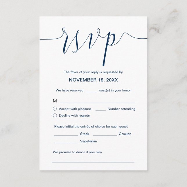 Carte D'accompagnement Calligraphie mariage, scénario bleu marine, Dîner  (Devant)