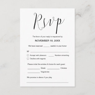 Carte D'accompagnement Calligraphie Mariage, script noir, Dîner RSVP