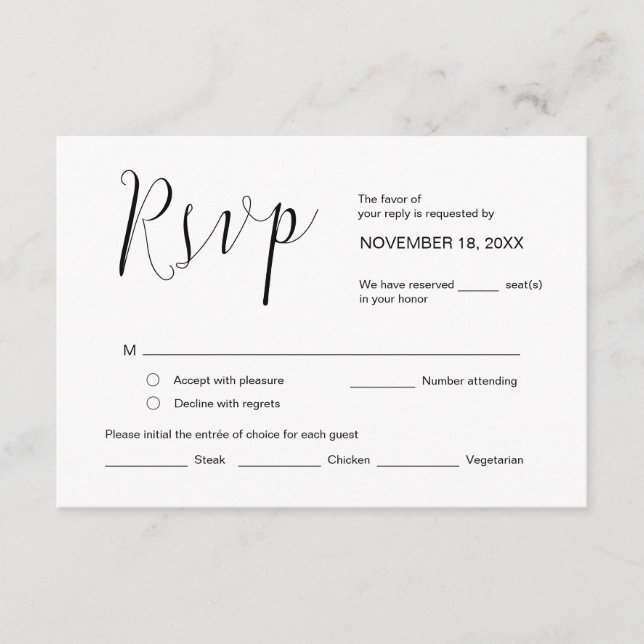 Carte D'accompagnement Calligraphie mariage, Script noir simple, RSVP (Devant)