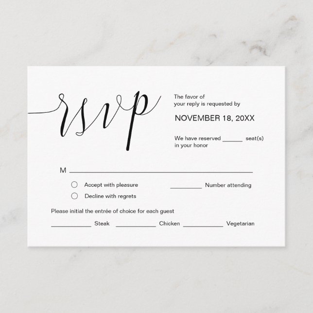 Carte D'accompagnement Calligraphie mariage, Script noir simple, RSVP (Devant)