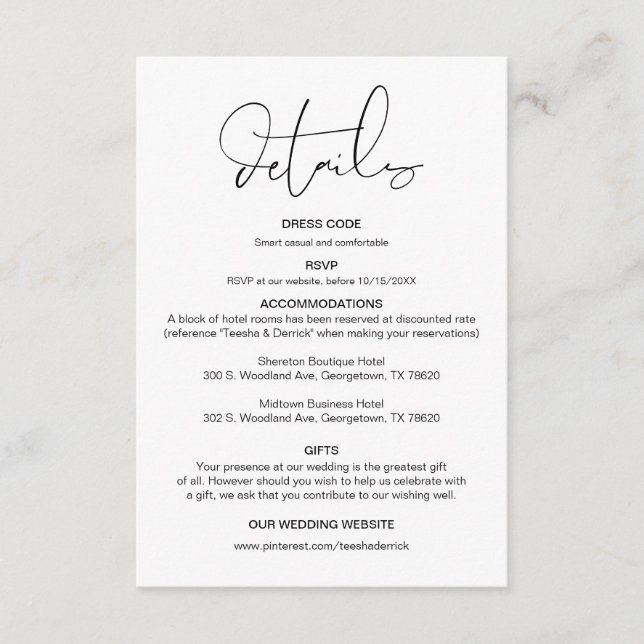 Carte D'accompagnement Calligraphie moderne, Détails du Mariage, Informat (Devant)