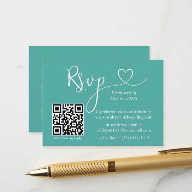 Carte D'accompagnement Calligraphie moderne Mariage cardiaque QR RSVP Tur (Devant/Arrière en situation)
