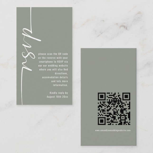 Carte D'accompagnement Calligraphie moderne QR Code Sage Wedding RSVP (Devant / Derrière)