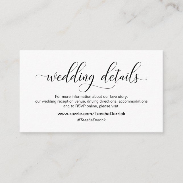 Carte D'accompagnement Calligraphie noire moderne, Mariage Détails, site (Devant)