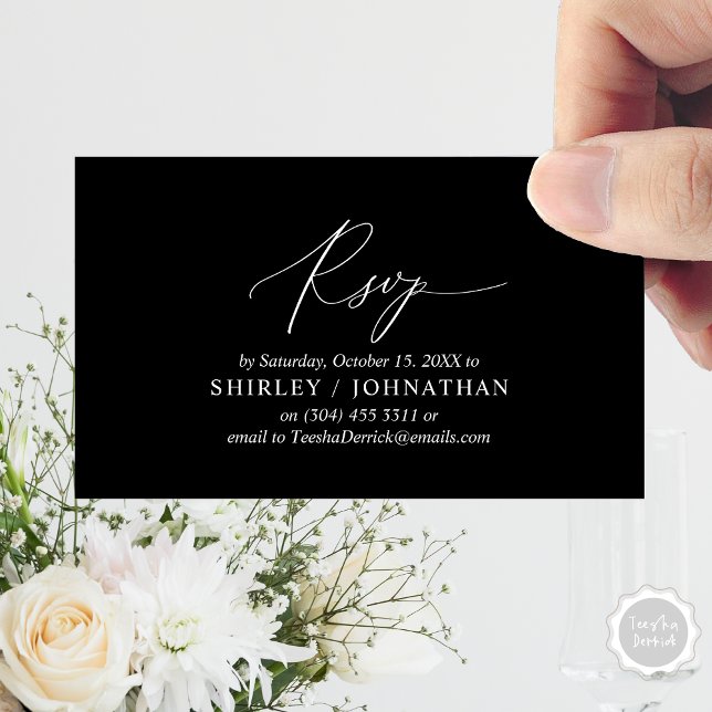 Carte D'accompagnement Calligraphie Noire Simple Moderne, Mariage RSVP (Wedding Dinner Invitation RSVP Enclosed Card, Online, Email, Modern Romantic, in Elegant Black)