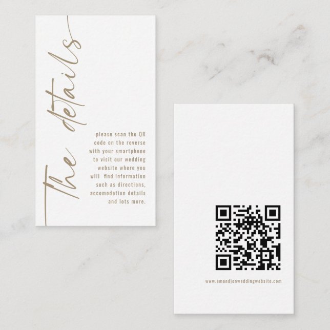 Carte D'accompagnement Calligraphie QR Code Champagne Gold Détails du Mar (Devant / Derrière)
