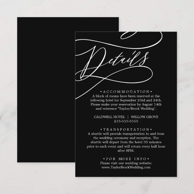 Carte D'accompagnement Calligraphie romantique | Détails de mariage noir (Devant / Derrière)