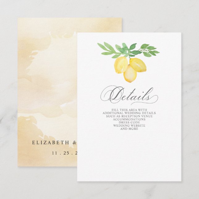 Carte D'accompagnement Calligraphie rustique Citron Citrus Mariage d'été (Devant / Derrière)