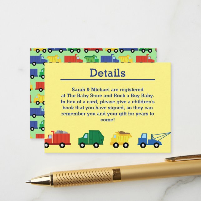 Carte D'accompagnement Camions Boy Baby shower Construction Cute (Devant/Arrière en situation)