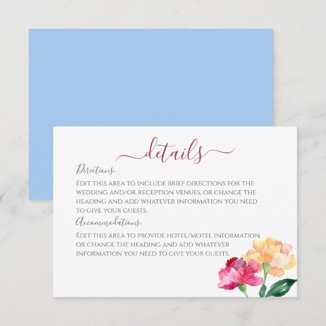 Carte D'accompagnement Carnations & Forget Me Nots Détails du Mariage (Devant / Derrière)