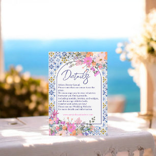 Carte D'accompagnement Carreaux bleu italien fleur sauvage détails mariag