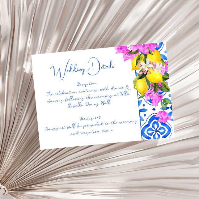 Carte D'accompagnement Carreaux bleus Bougainvillea citrons mariage éléga (Blue Tiles Bougainvillea lemons elegant wedding details Enclosure Card Mediterranean themed)