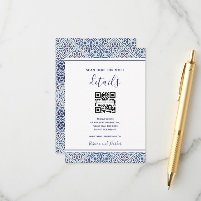 Carte D'accompagnement Carreaux bleus Détails du mariage Code QR insérer  (Devant/Arrière en situation)