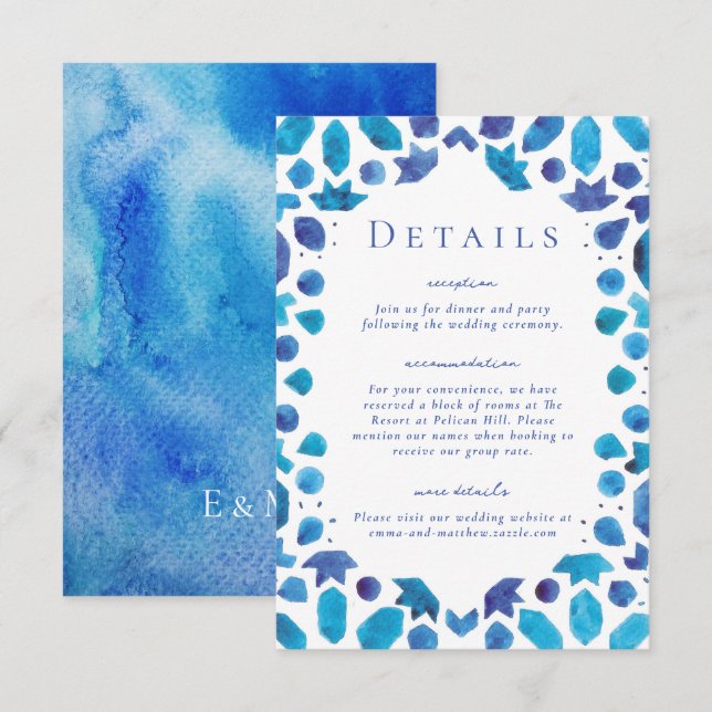 Carte D'accompagnement Carreaux Bleus Méditerranéen Détails du Mariage (Devant / Derrière)