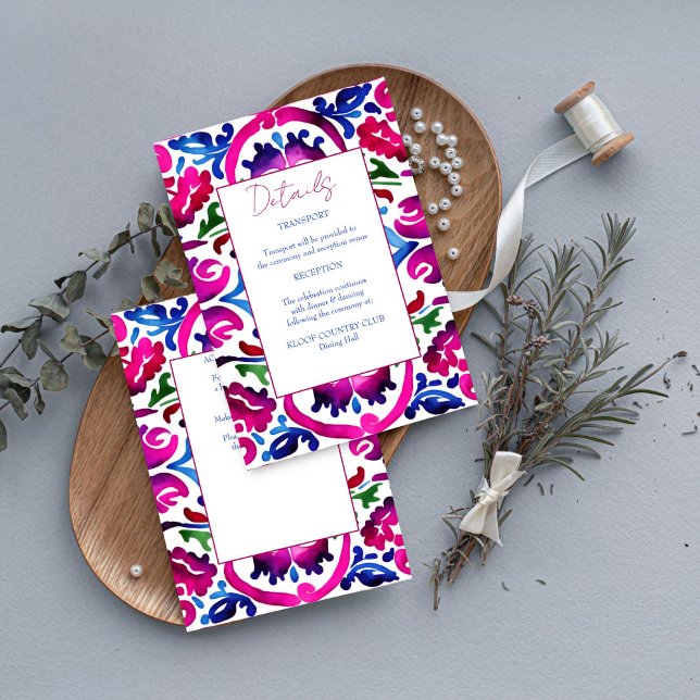 Carte D'accompagnement Carreaux de faïence mexicaine bleu rose Détails du (Pink blue Mexican Talavera tiles wedding details Enclosure Card Mediterranean wedding details card)
