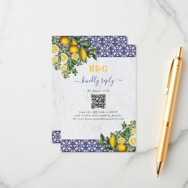 Carte D'accompagnement Carrelage bleu blanc jaune méditerranéen Mariage c (Devant/Arrière en situation)