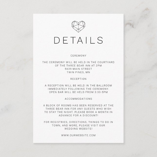 Carte D'accompagnement Carton d'invitation de détails de mariage Cœur Géo (Devant)