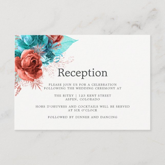 Carte D'accompagnement Cascade turquoise et corail Réception de mariage (Devant)