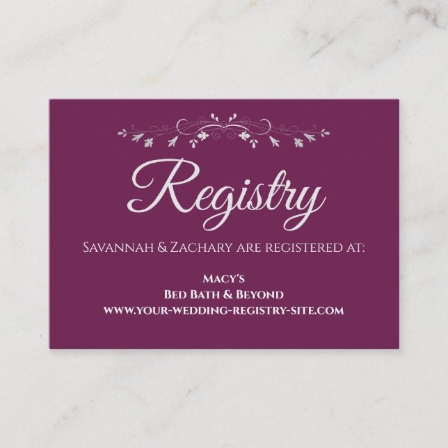 Carte D'accompagnement Cassis Purple & Argent Élégant registre de mariage (Devant)