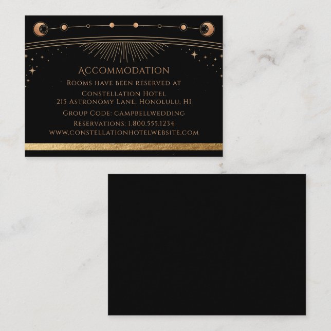 Carte D'accompagnement Céleste Noir Or Soleil Lune Étoiles Hébergement (Devant / Derrière)